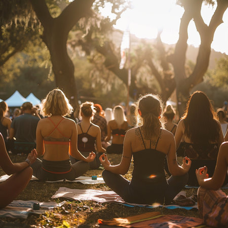 Group of people practicing yoga in the park at sunset. Yoga class conceptの素材