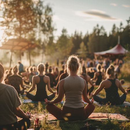 Group of people practicing yoga on a sunny day in the forest.の素材