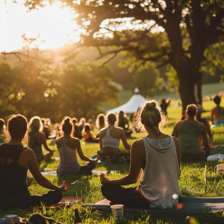 Group of people practicing yoga in the park at sunset. Healthy lifestyle concept.の素材