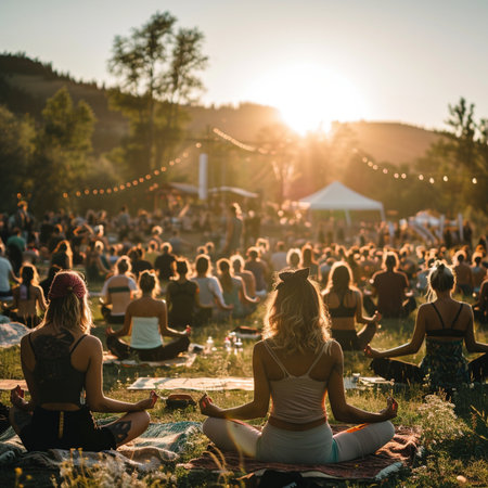 Group of people sitting in lotus position at a music festival.の素材