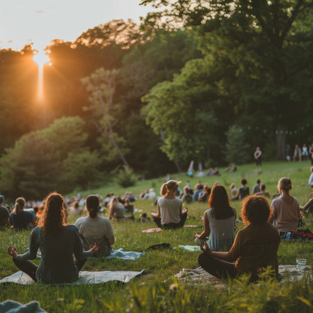 Group of people meditating in the park at sunset. Concept of healthy lifestyle.の素材