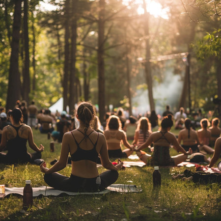 Group of people practicing yoga in the park. Healthy lifestyle concept.の素材