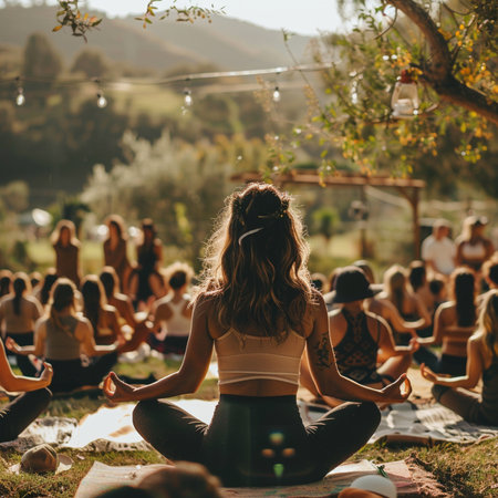 Yoga class. Group of people meditating in lotus position on nature background.の素材