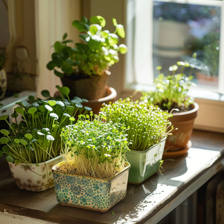 Fresh microgreens in pots on the windowsill. Selective focus.の素材
