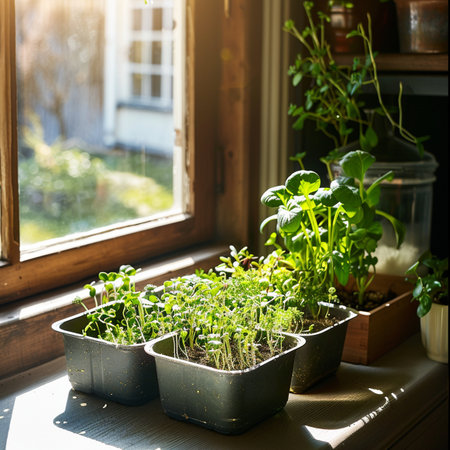 Small seedlings of basil and parsley in a pot on the windowsillの素材
