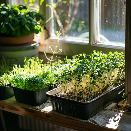 Microgreens on a windowsill. Growing microgreens in the window.の素材