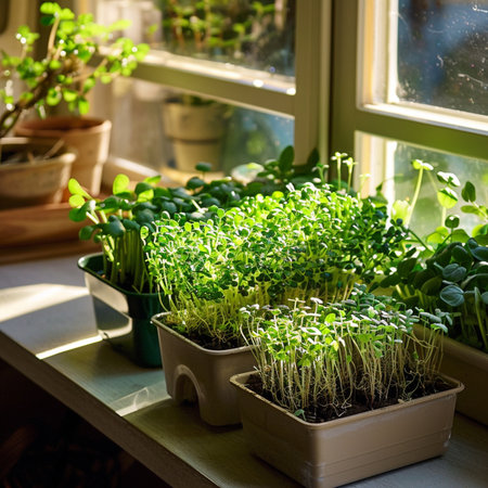 Growing microgreens at home on the windowsill. Seedlings of sunflower, arugula, microgreens.の素材