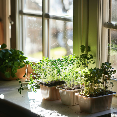Growing microgreens on the windowsill in a sunny day.の素材