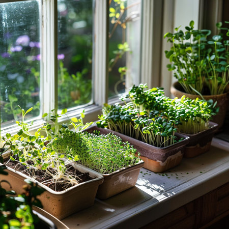 Growing microgreens at home on the windowsill. Selective focus.の素材