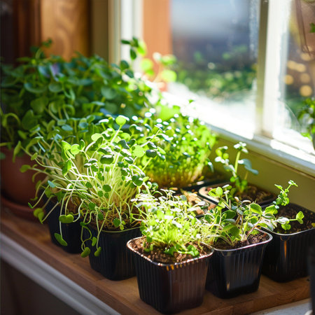Growing microgreens at home on the windowsill. Seedlings in pots.の素材