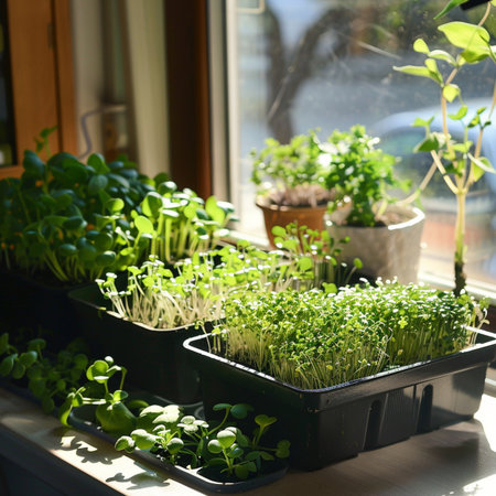 Growing microgreens on the windowsill. Sprouts of sunflower, cress, arugula, arugula, basil, pea, chard.の素材
