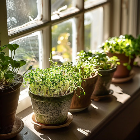 Microgreens on the windowsill. Sunlight through the window.の素材