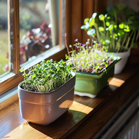 Sprouts of microgreens in a ceramic pot on the windowsillの素材