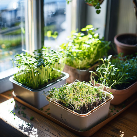 Microgreens on the windowsill. Sprouts of microgreens on the windowsill.の素材