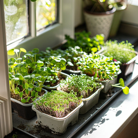 Growing microgreens on the windowsill. Growing microgreens at homeの素材