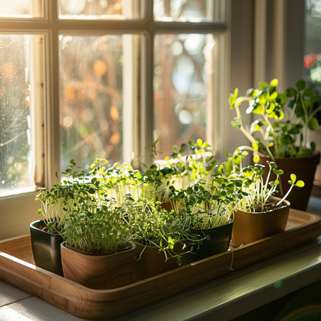 Microgreens in pots on the windowsill. Sunlight.の素材