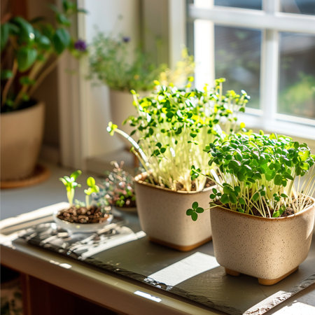 Microgreens on the windowsill. Growing microgreens at homeの素材