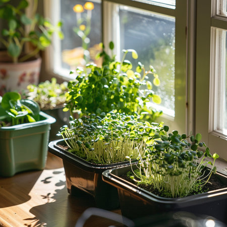 Fresh microgreens in pots on the windowsill. Growing microgreens at homeの素材