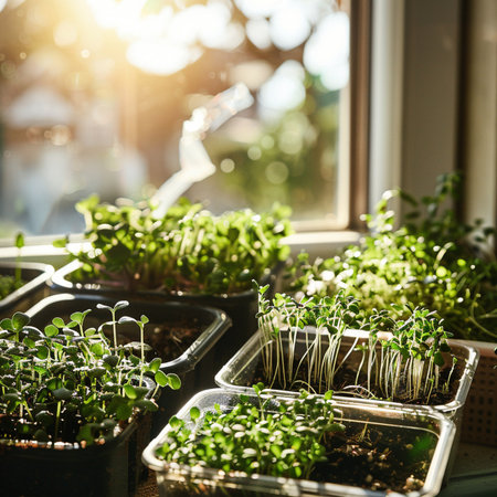 Young sprouts of seedlings in peat pots on the windowsillの素材
