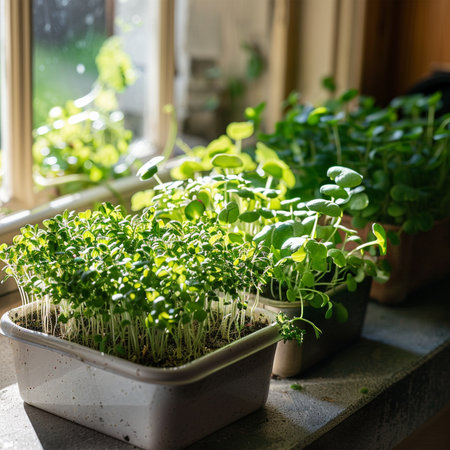 Fresh microgreens on the windowsill. Selective focus.の素材