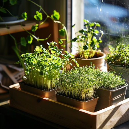 Microgreens in a wooden box on the windowsill. Sunlightの素材