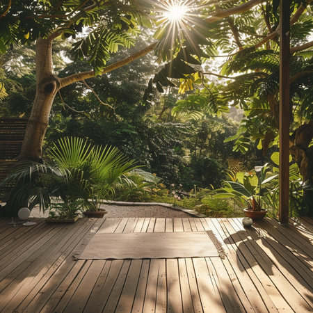 Wooden deck in tropical garden with sun rays and green plants.の素材