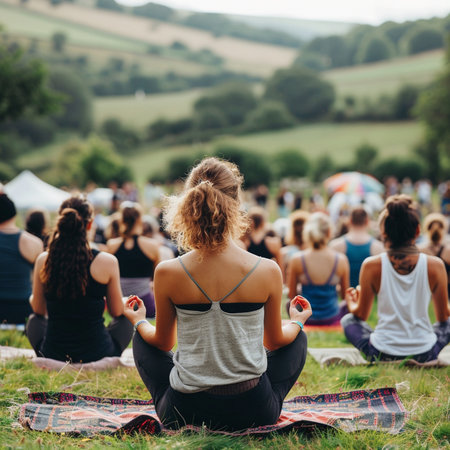 Group of people practicing yoga in nature. Group of people meditating in lotus position.の素材