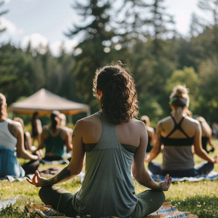 Back view of young woman meditating in lotus position during yoga class in parkの素材