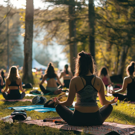 A group of young people practicing yoga on a sunny day in the parkの素材
