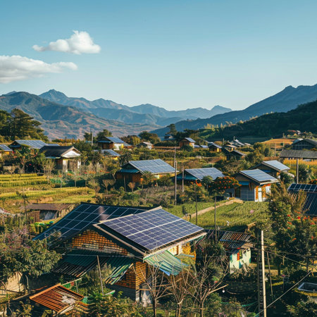 Aerial view of small village with solar panels on the roof, Mae Hong Son, Thailand.の素材