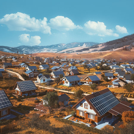 Aerial view of small village with solar panels on roof and blue sky.の素材