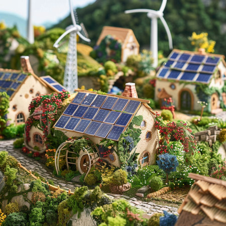 Miniature model of the village with solar panels and wind turbines in the backgroundの素材