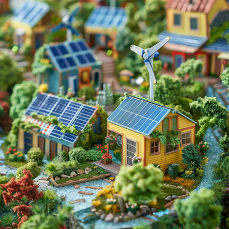 Lego minifigures with solar panels and wind turbine. Miniature model of city.の素材
