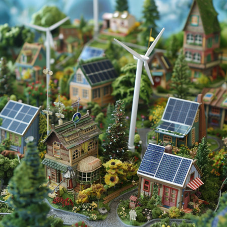 Miniature city with wind turbines and solar panels. 3d renderの素材