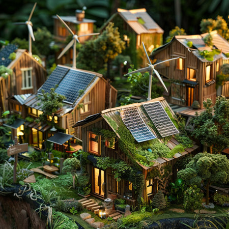 Miniature of houses with solar panels and wind turbines in the gardenの素材