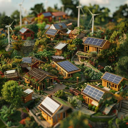 Miniature model of village with wind turbines and solar panels. 3d renderingの素材