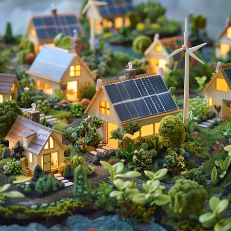 Miniature model of the village with solar panels and wind turbines.の素材