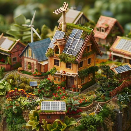 Miniature model of a house with solar panels and wind turbines.の素材