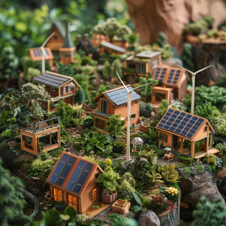 Miniature model of a house with wind turbines and solar panels in the gardenの素材