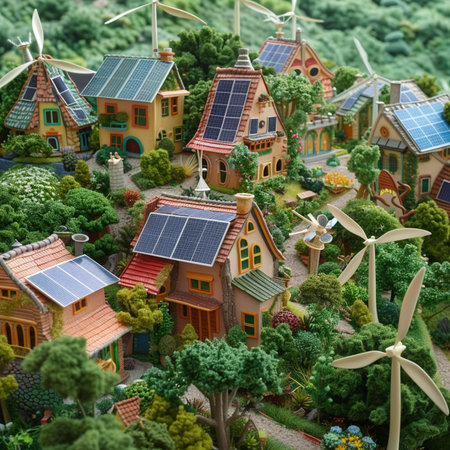 Miniature model of a village with wind turbines and solar panels.の素材