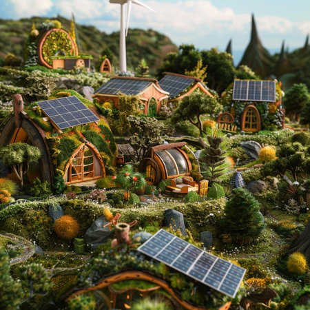 Miniature of a village with solar panels, wind turbines and trees.の素材