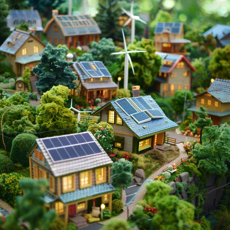 Miniature city with wind turbines and solar panels. 3d renderの素材