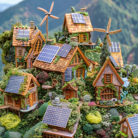 Miniature houses with solar panels and wind turbines in the background.の素材