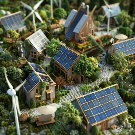 Miniature city with wind turbines and solar panels. 3d illustrationの素材