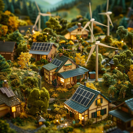 Miniature model of a village with wind turbines and solar panels.の素材