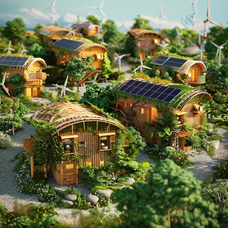 Miniature city with wind turbines and solar panels. 3d renderの素材