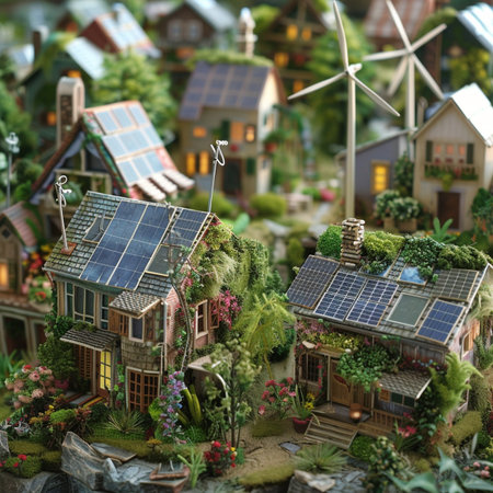 Miniature model of houses with solar panels and wind turbines on the roofの素材