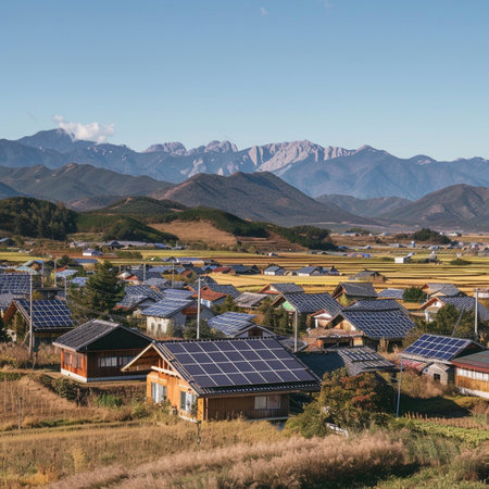 Aerial view of a small village with solar panels on the roof.の素材