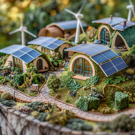 Miniature model of a village with wind turbines and solar panels.の素材