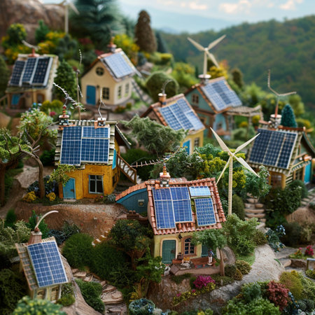 Miniature houses with solar panels and wind turbines in the garden.の素材